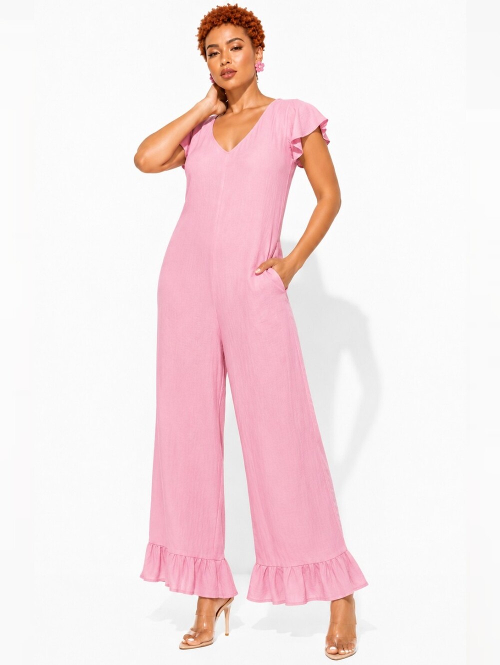 Pink Wide-Leg Ruffle Hem Jumpsuit